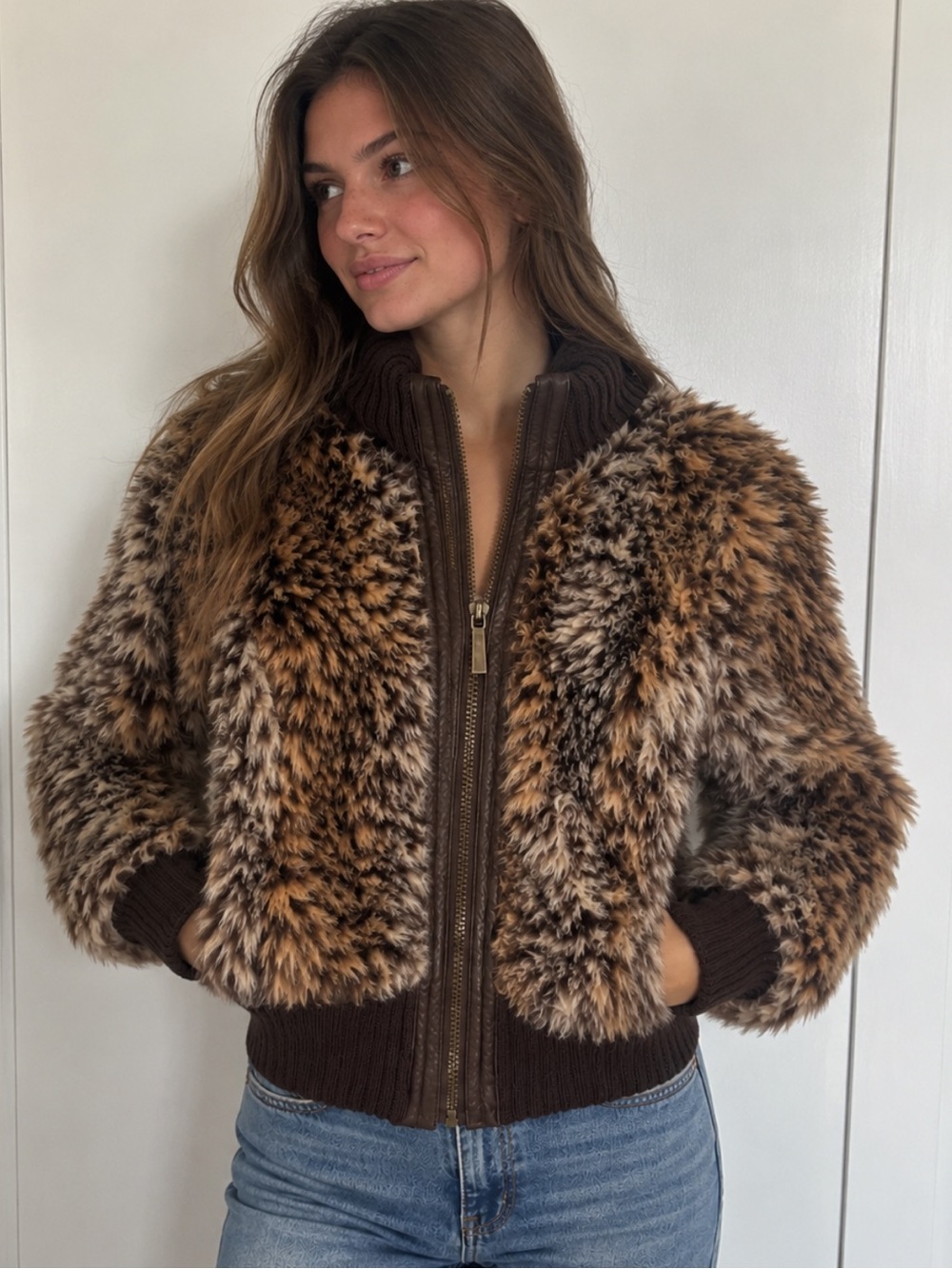 Yoki Y2K Faux Fur Bomber Jacket Sweater Brown 2000s Indie Sleaze Size S
